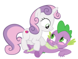 Size: 1280x975 | Tagged: safe, artist:demigod-spike, artist:rozyfly10, spike, sweetie belle, dragon, pony, unicorn, g4, blushing, cutie mark, duo, female, male, ship:spikebelle, shipping, simple background, straight, the cmc's cutie marks, transparent background
