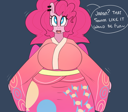 Size: 1280x1120 | Tagged: safe, artist:somescrub, pinkie pie, earth pony, anthro, hugtastic pinkie pie, g4, big breasts, breasts, busty pinkie pie, chubby, clothes, female, heart eyes, kimono (clothing), solo, wingding eyes