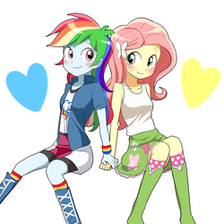 Size: 2000x2000 | Tagged: safe, artist:ryuu, fluttershy, rainbow dash, equestria girls, g4, blushing, clothes, female, heart, high res, holding hands, lesbian, looking at each other, ship:flutterdash, shipping, skirt, smiling, tank top