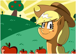 Size: 1600x1131 | Tagged: safe, artist:alvh-omega, applejack, g4, apple, apple tree, cowboy hat, crepuscular rays, female, food, hat, solo, stetson, sunrise