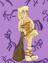 Size: 1024x1365 | Tagged: safe, artist:kasei-yoshi, applejack, equestria girls, g4, amazonjack, blonde, caveman, cavewoman, club (weapon), female, hatless, missing accessory, purple background, simple background, solo, watermark