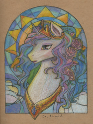 Size: 2702x3606 | Tagged: safe, artist:draltruist, princess celestia, g4, female, high res, portrait, solo, stained glass, traditional art