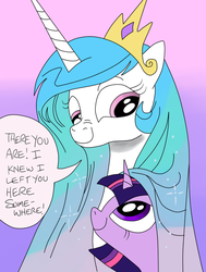 Size: 680x900 | Tagged: safe, artist:andypriceart, artist:ced75, princess celestia, twilight sparkle, g4, cute, ethereal mane, hair, hiding, long hair, nose wrinkle