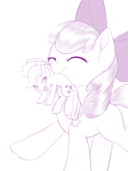 Size: 746x1000 | Tagged: safe, artist:dstears, apple bloom, applejack, earth pony, pony, g4, angry, appletini, eyes closed, female, filly, foal, mare, micro, monochrome, mouth hold, poison joke, scruff, siblings, sisters, smiling