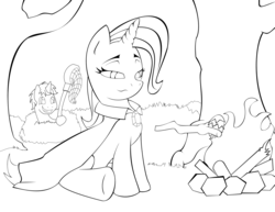 Size: 3300x2550 | Tagged: safe, artist:facelessguru, trixie, oc, pony, unicorn, g4, black and white, campfire, duo, female, fire, grayscale, high res, lineart, mare, monochrome, net, pinecone, solo focus