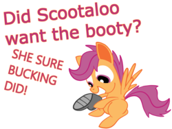 Size: 1024x768 | Tagged: safe, artist:fillerartist, scootaloo, g4, boot, female, holding, pun, simple background, sitting, solo