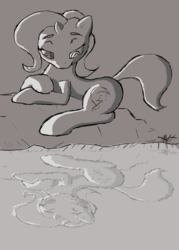 Size: 1024x1428 | Tagged: safe, artist:facelessguru, trixie, pony, unicorn, g4, female, mare, monochrome, reflection, solo, water