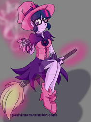 Size: 1024x1365 | Tagged: safe, artist:kasei-yoshi, sci-twi, twilight sparkle, breezie, equestria girls, g4, my little pony equestria girls: friendship games, broom, clothes, costume, female, fingerless elbow gloves, flying, flying broomstick, glasses, gloves, hat, lace, looking at you, magic, simple background, solo, watermark, witch, witch hat