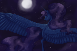 Size: 1500x1000 | Tagged: safe, artist:buffyandbramble, princess luna, alicorn, pony, g4, eyes closed, female, large wings, mare, moon, solo, space, spread wings, stars, wings