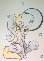 Size: 1027x1396 | Tagged: safe, artist:cutepencilcase, derpy hooves, pegasus, pony, g4, bubble, chest fluff, female, mare, sitting, smiling, solo, traditional art