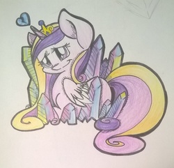 Size: 1338x1291 | Tagged: safe, artist:cutepencilcase, princess cadance, g4, crystal, female, prone, solo, traditional art