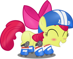 Size: 4000x3272 | Tagged: safe, artist:sansbox, apple bloom, earth pony, pony, call of the cutie, g4, adorabloom, blushing, cute, eyes closed, female, filly, grin, helmet, high res, roller skates, simple background, solo, transparent background, vector