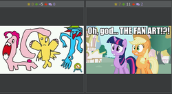 Size: 505x276 | Tagged: safe, screencap, applejack, fluttershy, pinkie pie, rainbow dash, twilight sparkle, earth pony, pegasus, pony, unicorn, derpibooru, g4, exploitable meme, fanart, female, juxtaposition, juxtaposition win, mare, meme, meta, ponyville