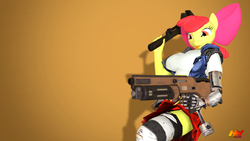Size: 1280x720 | Tagged: safe, artist:hyperwave9000, apple bloom, earth pony, anthro, g4, 3d, amputee, borderlands 2, breasts, clothes, crossover, female, gaige, gun, older, prosthetic limb, prosthetics, solo, source filmmaker, tongue out, weapon, wrench