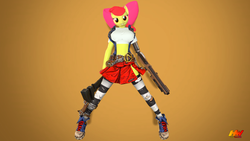 Size: 1280x720 | Tagged: safe, artist:hyperwave9000, apple bloom, earth pony, anthro, g4, 3d, amputee, borderlands 2, breasts, clothes, crossover, female, gaige, gun, midriff, older, prosthetic limb, prosthetics, solo, source filmmaker, weapon, wrench