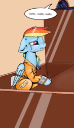 Size: 600x1024 | Tagged: safe, artist:161141, rainbow dash, pegasus, pony, g4, b-f16, bound wings, chains, clothes, court, courtroom, crying, cuffs, guilty, judge, judgement, prison outfit, prisoner, prisoner rd, sad, shackles