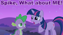 Size: 960x540 | Tagged: safe, edit, edited screencap, screencap, spike, twilight sparkle, g4, my little pony: friendship is magic, owl's well that ends well, image macro, meme, purple text