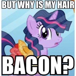 Size: 600x600 | Tagged: safe, edit, edited screencap, screencap, twilight sparkle, friendship is magic, g4, artifact, bacon hair, female, image macro, meme, solo, too poofy