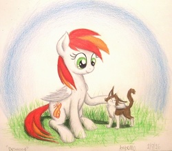 Size: 955x836 | Tagged: safe, artist:thefriendlyelephant, oc, oc only, cat, pegasus, pony, duo, gift art, grass, pet, pet oc, traditional art, wings