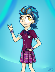 Size: 442x580 | Tagged: safe, artist:ultrard, indigo zap, equestria girls, g4, my little pony equestria girls: friendship games, colored pupils, devil horn (gesture), female, looking at you, signature, smiling, solo, wristband