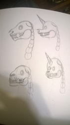 Size: 2000x3552 | Tagged: safe, earth pony, pony, undead, unicorn, concept art, high res, monochrome, necromancy, skeleton, sketch