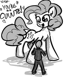 Size: 1280x1460 | Tagged: safe, artist:nobody, pinkie pie, oc, oc:anon, human, pony, g4, dialogue, giant pony, macro, monochrome, sketch