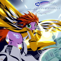 Size: 1056x1056 | Tagged: safe, artist:frist44, pegasus, pony, city, cityscape, crossover, freckles, little victory, superhero, victory girl