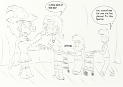 Size: 943x666 | Tagged: safe, artist:php162, lyra heartstrings, snails, snips, trixie, human, g4, food, humanized, monochrome