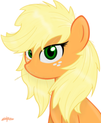 Size: 2473x3000 | Tagged: safe, artist:godoffury, applejack, g4, alternate hairstyle, blonde, female, high res, looking at you, loose hair, missing accessory, solo, straw, upset