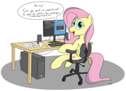 Size: 2536x1840 | Tagged: safe, artist:rapidstrike, fluttershy, pegasus, pony, g4, chair, comments locked down, computer, cute, desk, female, flutterhacker, hacker, if that's okay with you, linux, looking at you, looking back, open mouth, shyabetes, sitting, smiling, solo