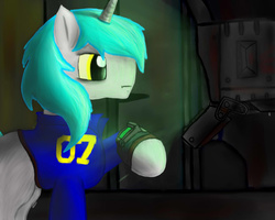 Size: 1280x1024 | Tagged: safe, pony, unicorn, fallout equestria, clothes, jumpsuit, pipbuck, solo, terminal, vault suit