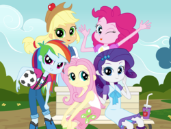 Size: 8280x6213 | Tagged: safe, artist:kiowa213, applejack, fluttershy, pinkie pie, rainbow dash, rarity, human, equestria girls, g4, my little pony equestria girls, absurd resolution, applejack's hat, balloon, bench, clothes, cowboy hat, cup, cute, dashabetes, diapinkes, female, football, freshman, freshman fair, group, group picture, hairpin, hat, humane five, jackabetes, jewelry, mane six opening poses, quintet, raribetes, shyabetes, stetson, tank top, vector, younger