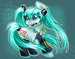 Size: 4106x3257 | Tagged: safe, artist:partypievt, clothes, collar, costume, crossover, detached sleeves, hatsune miku, leek, microphone, music notes, necktie, ponytail, ribbon, simple background, socks, solo, stockings, treble clef, vocaloid