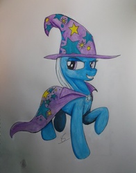 Size: 3160x4034 | Tagged: safe, artist:scribblepwn3, trixie, pony, unicorn, g4, cloak, clothes, female, hat, mare, pen drawing, solo, traditional art, watercolor painting, wizard hat