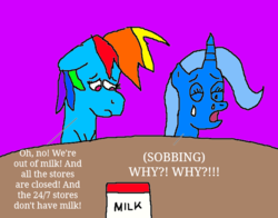 Size: 664x520 | Tagged: safe, artist:mjeddy, rainbow dash, trixie, pony, unicorn, g4, 1000 hours in ms paint, crying, female, mare, milk, ms paint