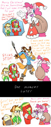 Size: 1000x2500 | Tagged: safe, artist:hoshinousagi, applejack, pinkie pie, anthro, g4, comic, crossover, knuckles the echidna, male, santa claus, sonic boom, sonic the hedgehog (series), sonicified, sticks the badger