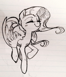 Size: 1280x1473 | Tagged: safe, artist:glacierclear, fluttershy, pegasus, pony, g4, cute, eyes closed, female, lined paper, mare, monochrome, raised hoof, shyabetes, simple background, sketch, smiling, solo, spread wings, traditional art, white background