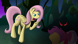 Size: 1024x576 | Tagged: safe, artist:theimmolatedpoet, apple bloom, fluttershy, scootaloo, sweetie belle, g4, stare master, cutie mark crusaders, glowing eyes, glowing eyes of doom