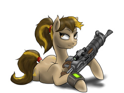 Size: 1032x774 | Tagged: safe, artist:slouping, oc, oc only, fallout equestria, assault rifle, both cutie marks, butt, fallout, fallout 4, gift art, gun, looking back, pipbuck, plot, plump, ponytail, prone, rifle, shadow, simple background, solo, the ass was fat, weapon