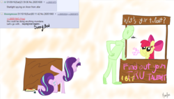 Size: 3000x1714 | Tagged: safe, artist:moonfire, apple bloom, starlight glimmer, oc, oc:anon, human, g4, /mlp/, 4chan, 4chan screencap, booth, colored, drawthread, female, filly, foal, inkwell, mare, notebook, quill, requested art, special talent, spying, stand, trio, trio male and female