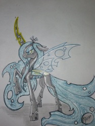 Size: 1024x1365 | Tagged: dead source, safe, artist:penkatshi, queen chrysalis, g4, female, sketch, solo, traditional art