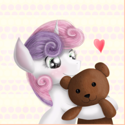 Size: 900x900 | Tagged: safe, artist:chanceyb, sweetie belle, pony, unicorn, g4, cute, diasweetes, female, heart, hug, solo, teddy bear
