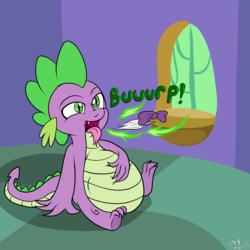 Size: 1500x1500 | Tagged: safe, artist:novaspark, opalescence, spike, dragon, g4, abdominal bulge, belly, burp, burping up items, dragonfire, fetish, fire, fire breath, fire burp, flat colors, male, solo, spipred, tongue out, vore