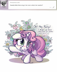 Size: 1100x1400 | Tagged: safe, artist:bobdude0, sweetie belle, parasprite, pony, unicorn, g4, ask, caught, cute, cutie mark, diasweetes, female, filly, sheepish grin, solo, the cmc's cutie marks, this will end in grounding, tumblr