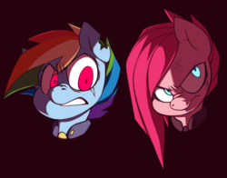 Size: 1037x811 | Tagged: safe, artist:kelcasual, pinkie pie, rainbow dash, g4, the cutie re-mark, alternate timeline, angry, apinkalypse pie, apocalypse dash, crystal war timeline, pinkamena diane pie, scar, simple background, torn ear