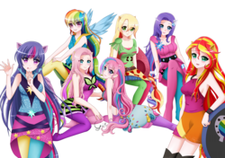 Size: 4483x3150 | Tagged: safe, artist:srtagiuu, applejack, fluttershy, pinkie pie, rainbow dash, rarity, sunset shimmer, twilight sparkle, human, equestria girls, g4, my little pony equestria girls: rainbow rocks, cleavage, cute, eared humanization, female, humane five, humane seven, humane six, humanized, looking at you, missing shoes, ponied up, pony ears, simple background, sleeveless, the rainbooms, transparent background