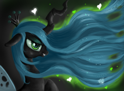Size: 1366x1000 | Tagged: safe, artist:vanezaescobedo, queen chrysalis, changeling, changeling queen, g4, crown, female, grin, jewelry, regalia, solo, windswept mane
