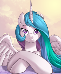Size: 738x895 | Tagged: safe, artist:brianblackberry, princess celestia, alicorn, pony, g4, bedroom eyes, crossed hooves, cute, cutelestia, female, looking at you, mare, prone, smiling, solo