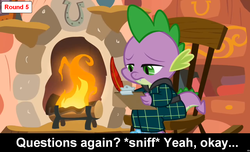 Size: 1600x973 | Tagged: safe, spike, dragon, comic:celestia's servant interview, g4, blanket, caption, clothes, cs captions, fireplace, interview, male, quill, rocking chair, slippers, solo