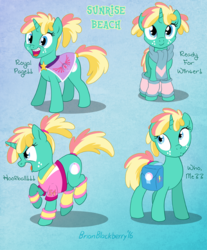Size: 699x845 | Tagged: safe, artist:brianblackberry, oc, oc only, oc:sunrise beach, pony, unicorn, bottomless, braces, clothes, leg warmers, partial nudity, saddle bag, scarf, solo